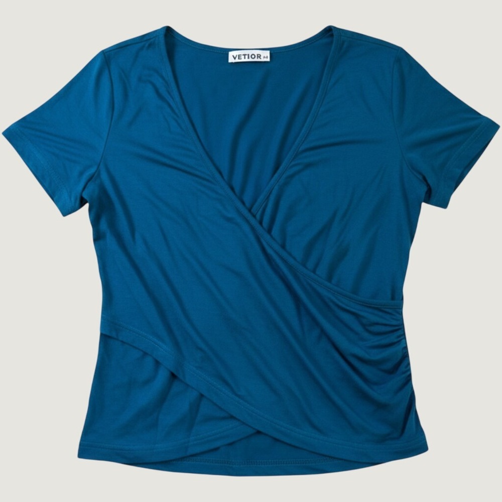 Vetior Womens Teal Blue Ruched Surplice V-Neck Short Sleeve Wrap Top Size M